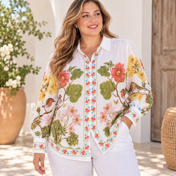 Rose + Olive Tops - Rose + Olive Floral Bird Print Button Down Blouse White Plus 3X Long Sleeve